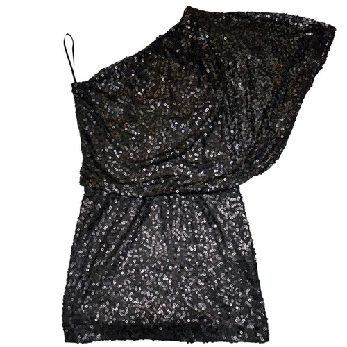 JESSICA SIMPSON Sz 6 Sequin Mini Cocktail Black Dress 1-Shoulder Flutter Sleeve - Picture 11 of 19