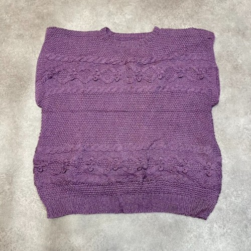Vintage Arran Strickpullover Damen großer Zopfmuster handgestrickt Wollpullover, lila