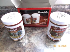 New Set of Campbell's (Soup) Metal Salt and Pepper Shakers, 2-5/8" dia., in Box