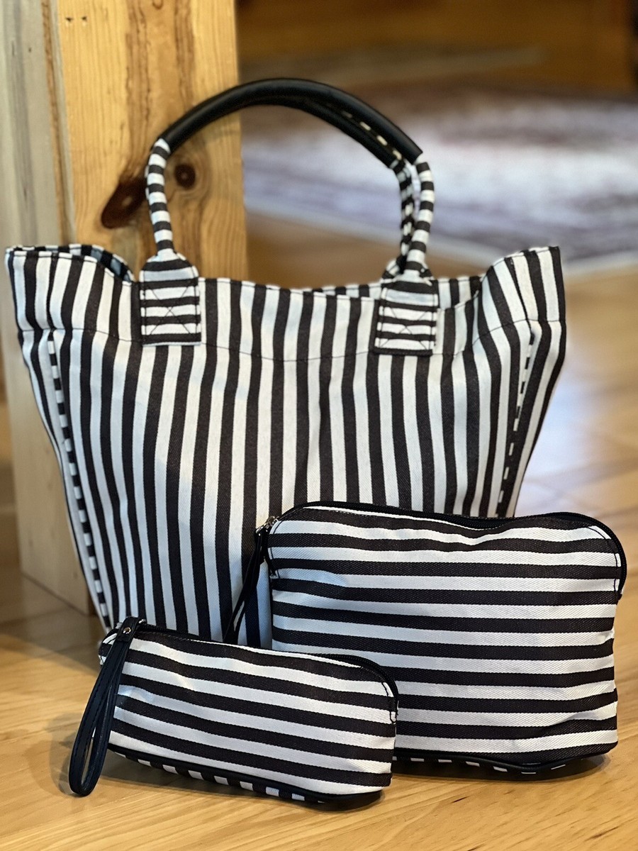 Canvas Tote Wristlet Pc Set Beach Bag Black White Stripe Piped Round  Bottom