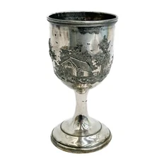 American Plated Solid Silver Alloy Repousse Landscape Goblet circa 1850