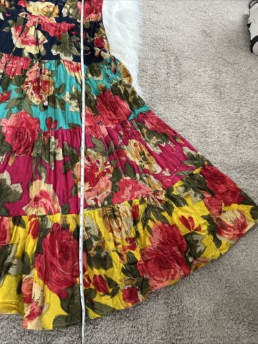 VTG 90s Tiered Midi Dress XL India Bright Floral Print Empire Waist Drawstring - Picture 8 of 13