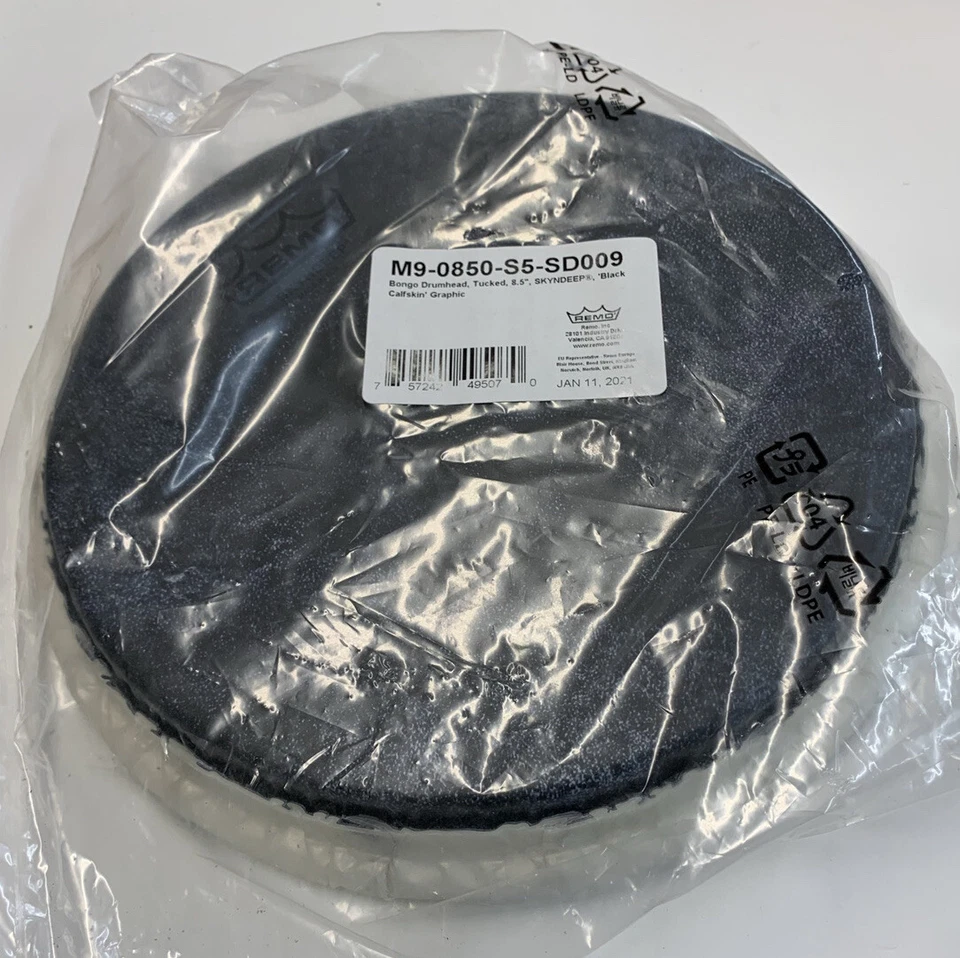 Cabezal de tambor Bongo, escondido, 8,5” SKYNDEEP NEGRO PIEL DE BECERRO GRÁFICO-M9-0850-S5-SD009 Foto 2 de 3