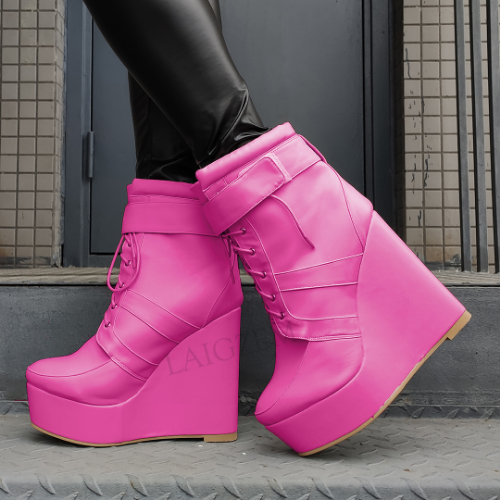 Women Platform Wedges Boots Lace Up High Heeled Boots Height Increase Shoes - Picture 22 of 30