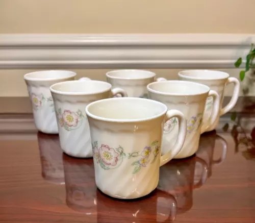 Beautiful Set of 6 CHAMPETRE  Swirl Mugs by Arcopal France Blue and Pink Flowers