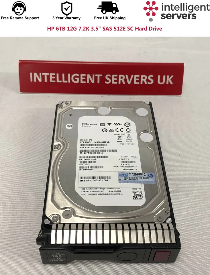 HP 765259-B21 6TB 12G 7.2K 3.5" SAS 512E SC Hard Drive - 3 Year Warranty - Image 2 of 2