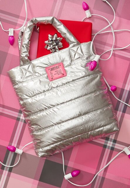 Justice Puffer Tote Bag Silver Camp Sports Dance Gymnastics NP8601 Justice Puffer Tote Bag Silver Camp Sports Dance Gymnastics NP8601