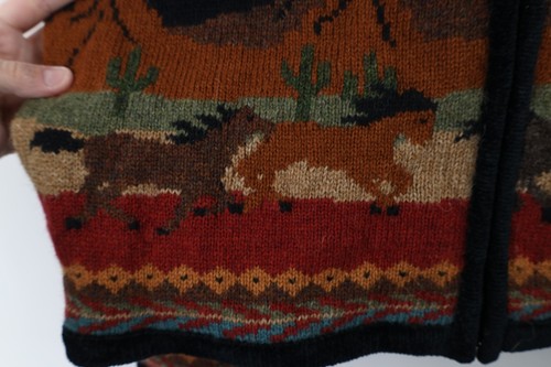 Vintage 90s Womens Large Wool Southwestern Horse All Over Print Sweater Jacket - Picture 4 of 14