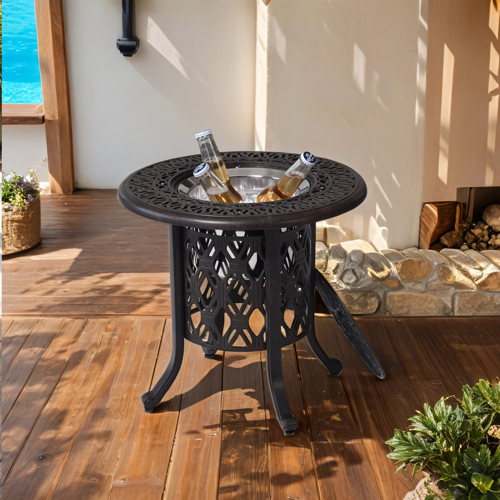 Ice Bucket/Pail Table Hand Brushed Patina/Bronze Cast Aluminum Stainless Steel