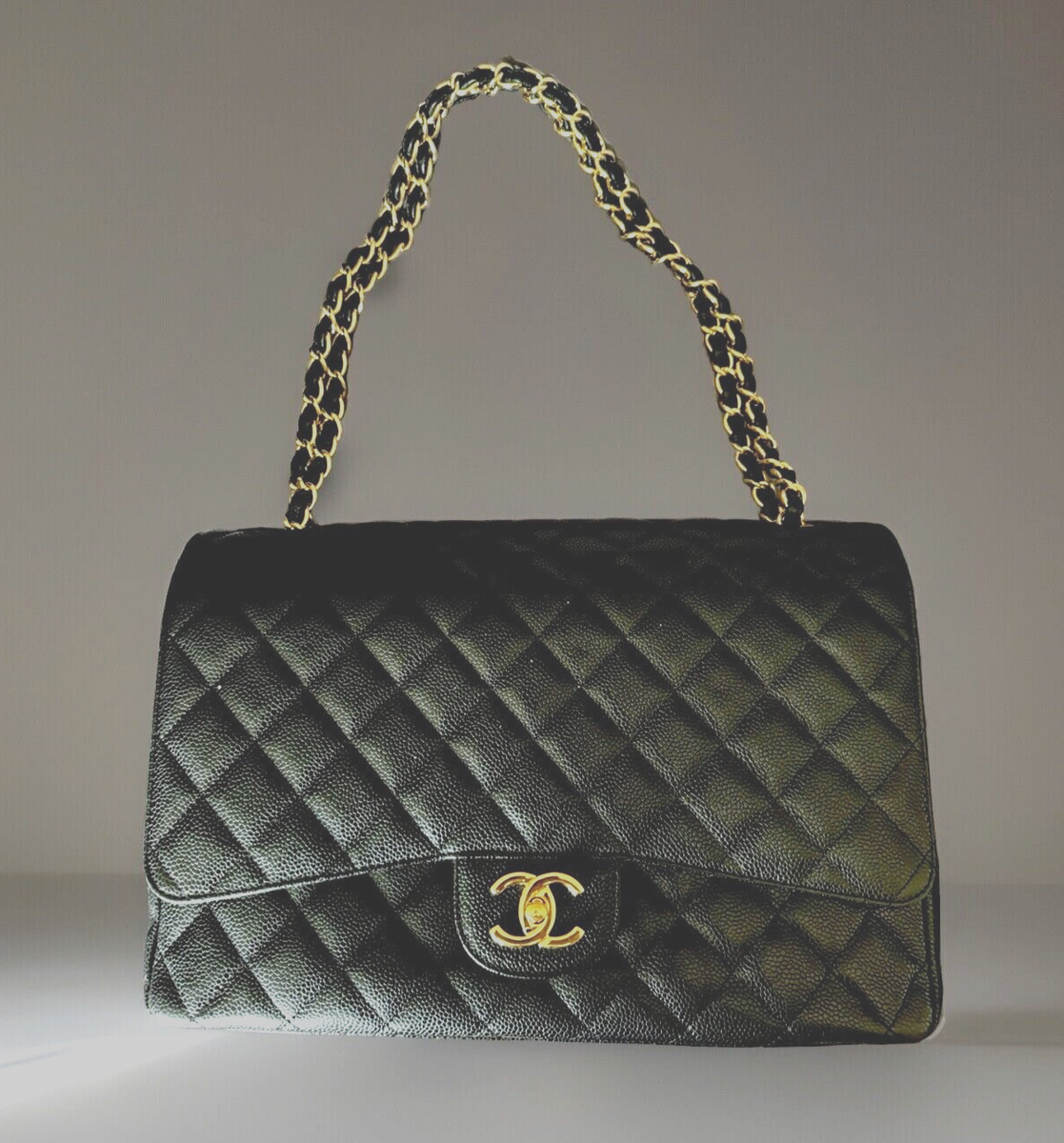 CHANEL Jumbo Classic Black Lambskin Leather Black Gold Double Flap