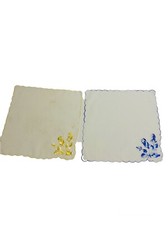 Vintage Satin Shiny Embroidered Floral Yellow Blue Scalloped Edges Hanky 10 x10