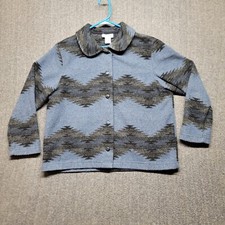 Talbots Fleece Jacket Womens Large Blue Aztec Southwestern Coat Boho Made USA