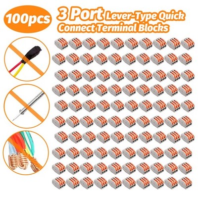 100 PCS Reusable Lever Terminal Block 3 Way for Home Electrical Wire Connection