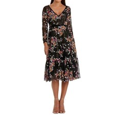 Mac Duggal Black Floral Embroidered Tea Length Dress 67499 Women’s Sz 10 NWT