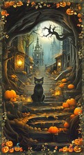 Moon Spell Spooky Panel, Cat, Haunted House Robert Kaufman 24 x 44"