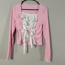 Pink Ribbed Long Sleeve Top Small White Lace Ruffle Corset Tie Front Square Neck