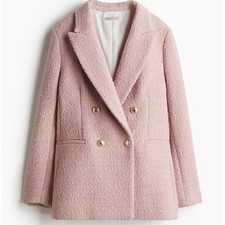 H M Light Pink Textured Weave Double Breasted Gold Buttons Jacket Blazer Small