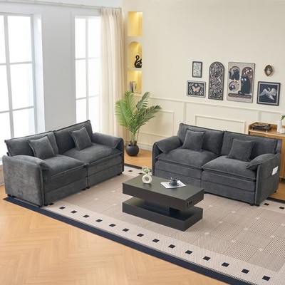 2 Piece Sofa Set Oversized Deep Seat Modern Chenille Comfy Cloud Couch Set Grey