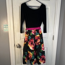 Eliza J Dress Size 10 black Floral Undercoat Fit and Flare long sleeve & belt 