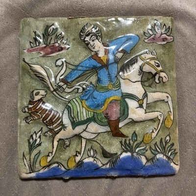 Antique Persian Qajar Style Hand-Painted Ceramic Tile  Horse Rider Hunting Scene