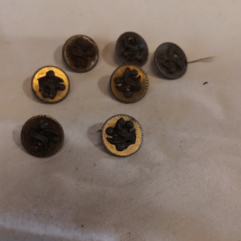 Lot of 7 Victorian Gold/Brown Metal Shank Sewing Buttons, Floral Design