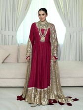 New Latest Faux Georgette Maroon Gown With Fancy Dupatta For Functional Wear