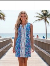 💙Lilly Pulitzer Target Blue & Pink My Fans Embroidered Sleeveless Mini Dress 6