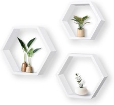 White Hexagon Floating Shelves Set of 3, Wood Hanging Organizer Shelves for Wall