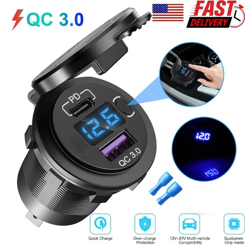 12V QC3.0 Dual USB Car Fast Charger Socket Power Outlet LED Voltmeter Waterproof - 第 1/10 張圖片