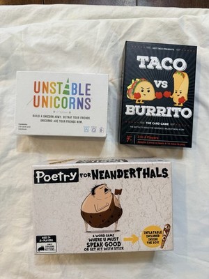 Lot of 3 Party Games Taco vs Burrito, Poetry for Neanderthals, Unstable Unicorns
