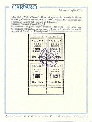 C.L.N. LIBERATED ZONE VALLE D'OSSOLA BLOCK OF 4 OF THE 1 LIRA STAMP USED