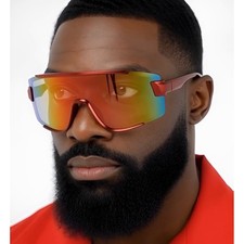 Red Oversized Shield Sunglasses Futuristic Mirrored Lens Sporty Visor Eyewear
