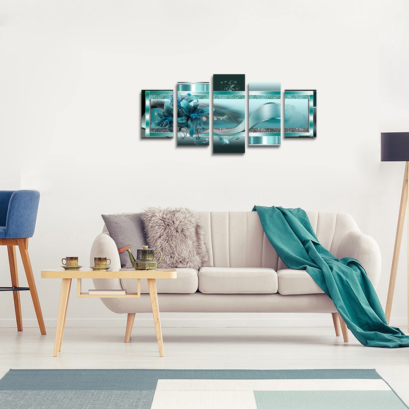 Turquoise Orchid Flowers Canvas Print - Abstract Green Floral Poster, Blue Wa...