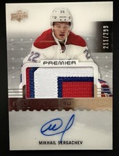 2016-17 UD Premier Mikhail Sergachev Rookie Patch Auto /299 RPA