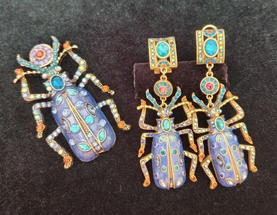 Heidi Daus Blue Beetle Brooch And Earring Set * Earrings Only Are SIGNED *