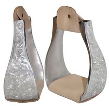 Showman Polished Aluminum Engraved Bell Stirrups w/ Leather Tread