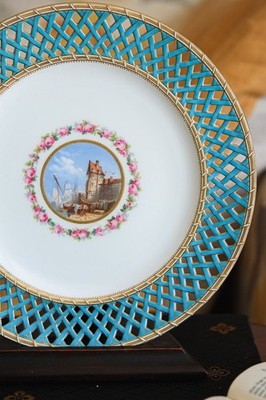 19. Englischer Minton Porzellan Türkis Durchbohrteller bemalt Meer Szene