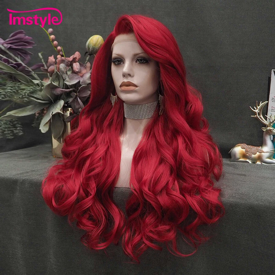 Peluca Roja Larga Sintético Encaje Frontal Peluca Natural Ondulada Cosplay Pelucas para Mujer Foto 3 de 4