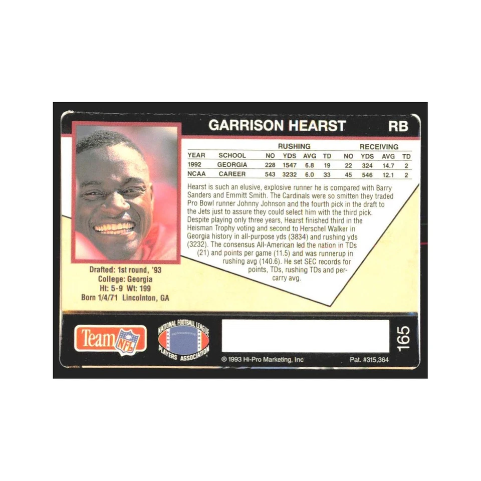 1993 Action Packed Garrison Hearst Phoenix Cardinals #165 - Image 2 of 3