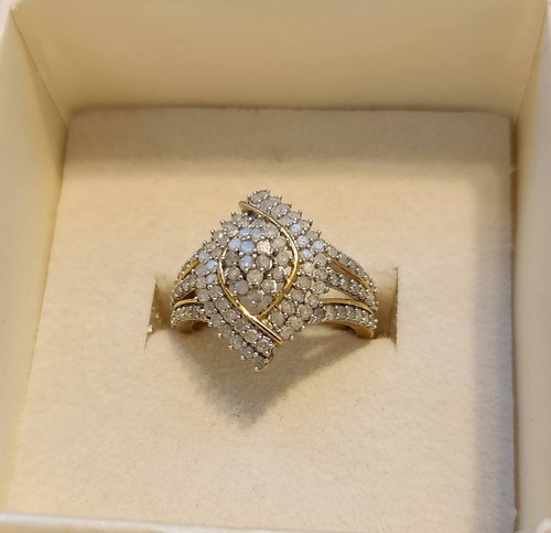 14K Yellow Gold over Sterling Silver White Diamond Cluster Ring Sz 5.75 1.0 ctw