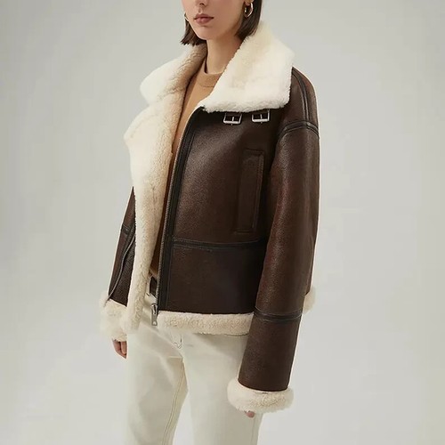 LADIES AVIATOR RAF B3 PREMIUM SHEEP LEATHER BROWN JACKET THICK FLYING FUR COAT - Picture 4 of 8