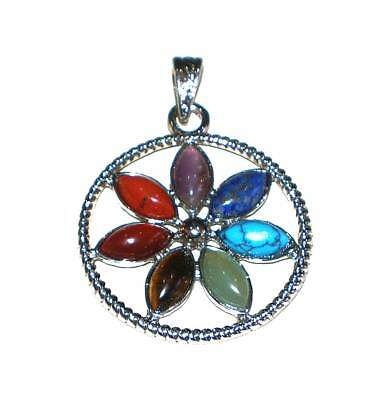Sterling Silver Plated Gorgeous Large Pendant with Seven 7 Different Gemstones