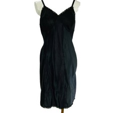 Vintage 70  s Kayser Slip Dress Size S 34 Scallop Lace Shiny Navy Blue Lingerie