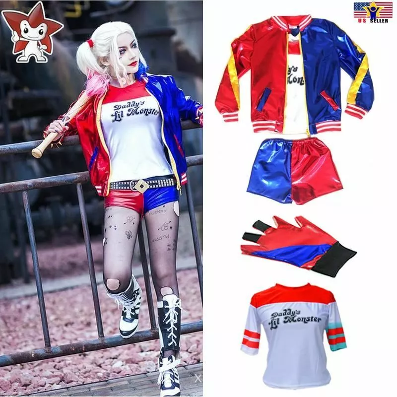 Halloween Costume Super Hero Harley Quinn Deluxe T-shirt Coat Short Glove | eBay