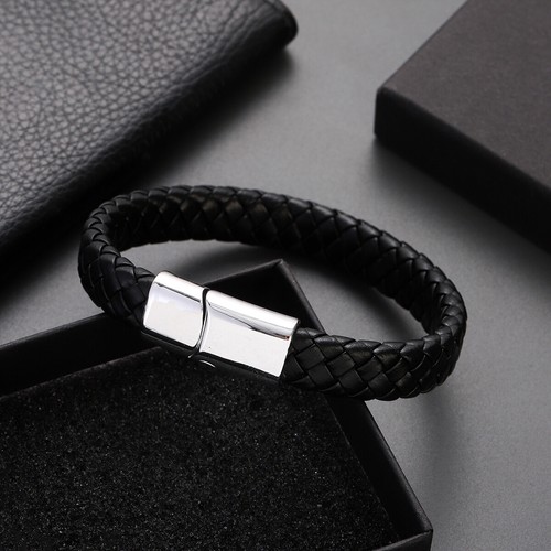 Black Men's Braided Leather Stainless Steel Cuff Bangle Bracelet Wristband - Picture 57 of 66