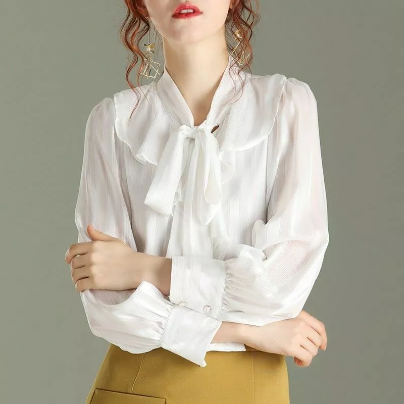 Lady Shirt Chiffon Bow Tie Neck Ruffle Sweet Blouse Lantern Sleeve Working  White