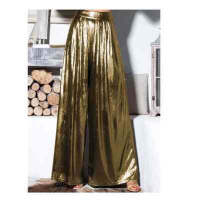 Casual Elastic High Waist Loose Pants Metallic Long Pants Pleated Pant Trousers