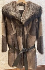 Muskrat Fur Coat with Raccoon Collar Size S/M