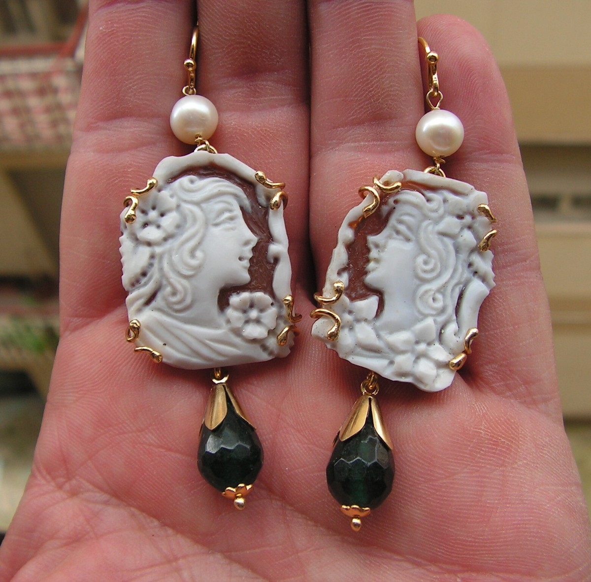 SHELL CAMEO EARRINGS ITALY BEAUTIFUL ANTIQUE STYLE Gem Pearl - Main Image