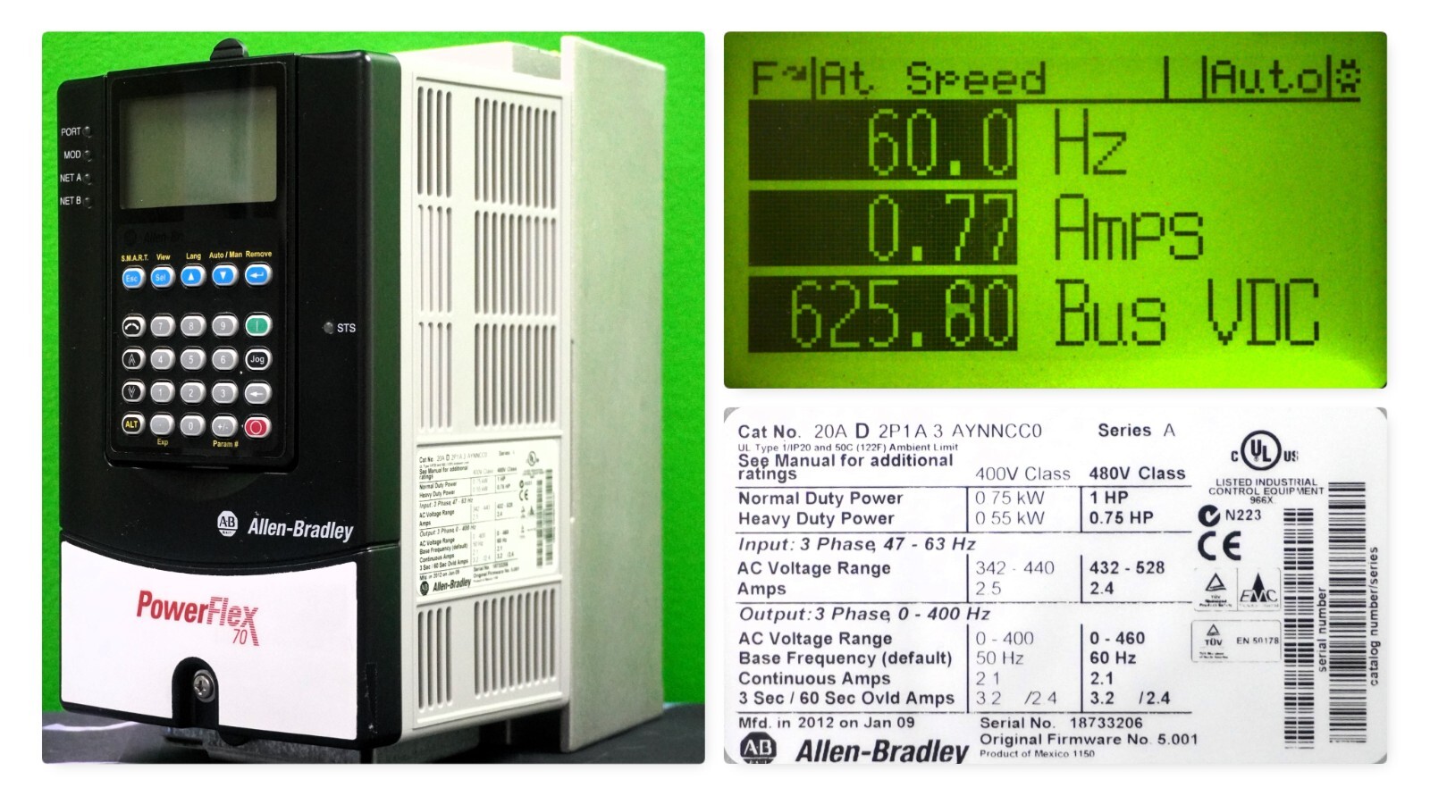Allen-Bradley 20AD2P1A3AYNNCC0 PowerFlex 70 1HP 480VAC FRN:5.001 Tested